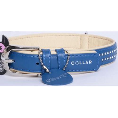 CoLLaR Brilliance Ошейник кожаный двойной со стразами маленькими, 38-49см*25мм, синий (38782)