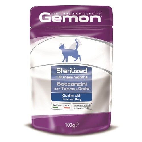 Gemon Cat Pouch Sterilised паучи для стерилизованных кошек кусочки тунца с рыбой дори 100 г