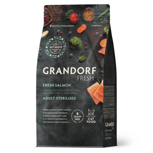 Grandorf Fresh сухой корм для взрослых стерилизованных кошек с филе лосося и бататом, 400 гр