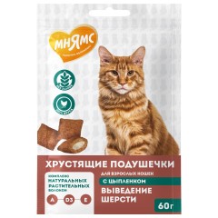 Мнямс Лакомство "Выведение шерсти" хрустящие подушечки для кошек с цыпленком, 60 гр