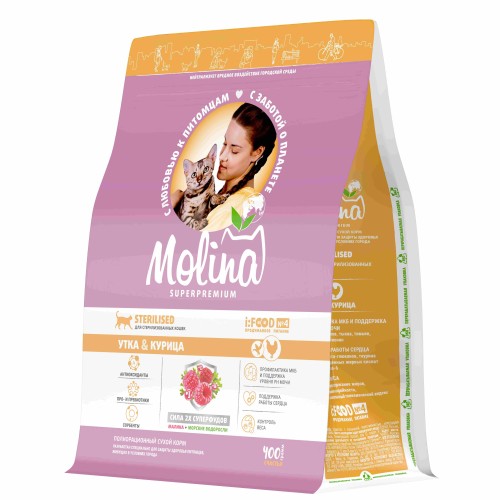 Molina Сухой корм с уткой и курицей для взрослых стерилизованных кошек, 400 гр