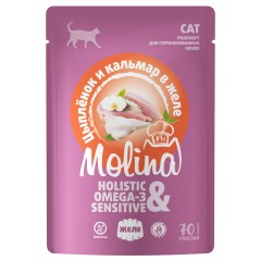 Molina Пауч для взрослых кошек Цыпленок и кальмар в желе, 70 гр