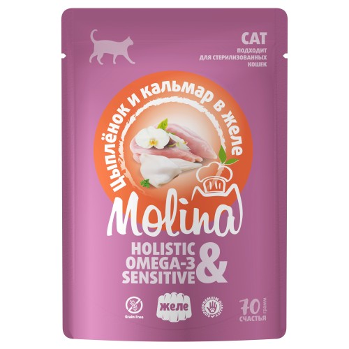 Molina Пауч для взрослых кошек Цыпленок и кальмар в желе, 70 гр