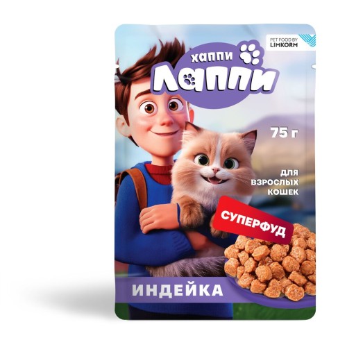 Хаппи Лаппи корм для взрослых кошек кусочки в соусе с индейкой, 75 гр