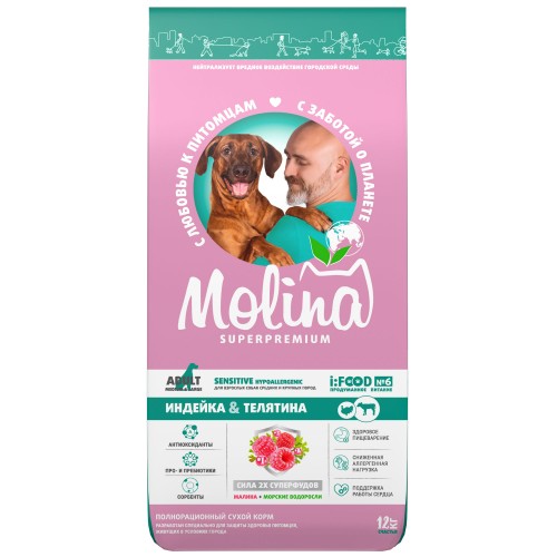 Molina Сухой корм с индейкой и телятиной для взрослых собак средних и крупных пород, 12 кг