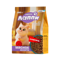 Хаппи Лаппи сухой корм полнорационный для взрослых кошек мясное ассорти, 350 гр