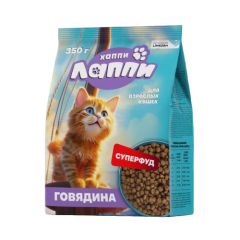 Хаппи Лаппи сухой корм полнорационный для взрослых кошек с говядиной, 350 гр
