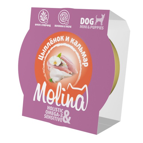 Molina Ламистер для взрослых собак мини-пород Цыпленок и кальмар в желе, 75 гр