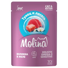 Molina SUPERPREMIUM Пауч с Тунцом и Лососем для котят и кошек, волокна в желе, 70 гр