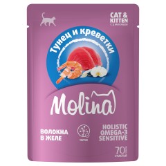 Molina SUPERPREMIUM Пауч с Тунцом и Креветками для котят и кошек, волокна в желе, 70 гр