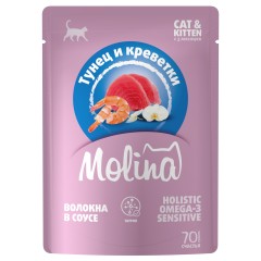 Molina SUPERPREMIUM Пауч с Тунцом и Креветками для котят и кошек, волокна в соусе, 70 гр