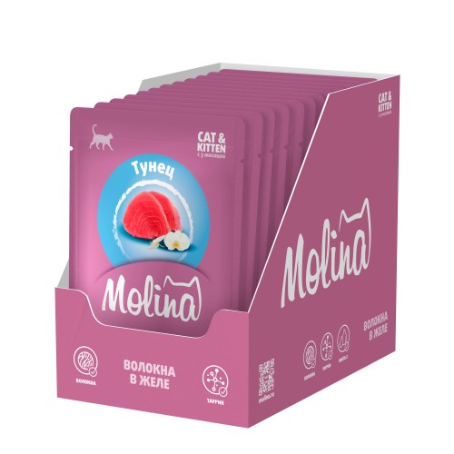 Molina SUPERPREMIUM Пауч с Тунцом для котят и кошек, волокна в желе, 70 гр