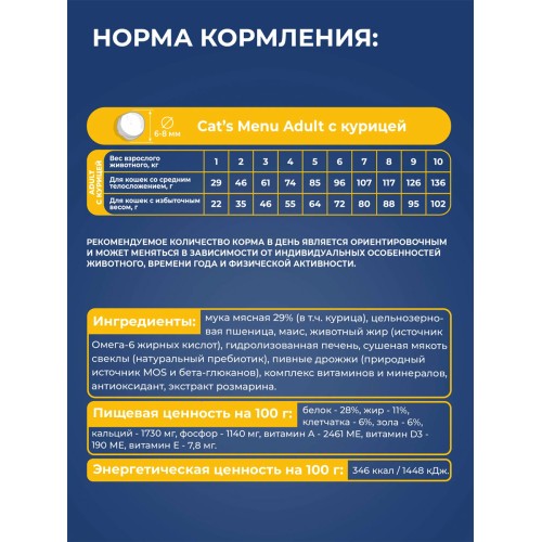 Cat`s Menu Adult полнорационный сухой корм для взрослых кошек с курицей, 10 кг